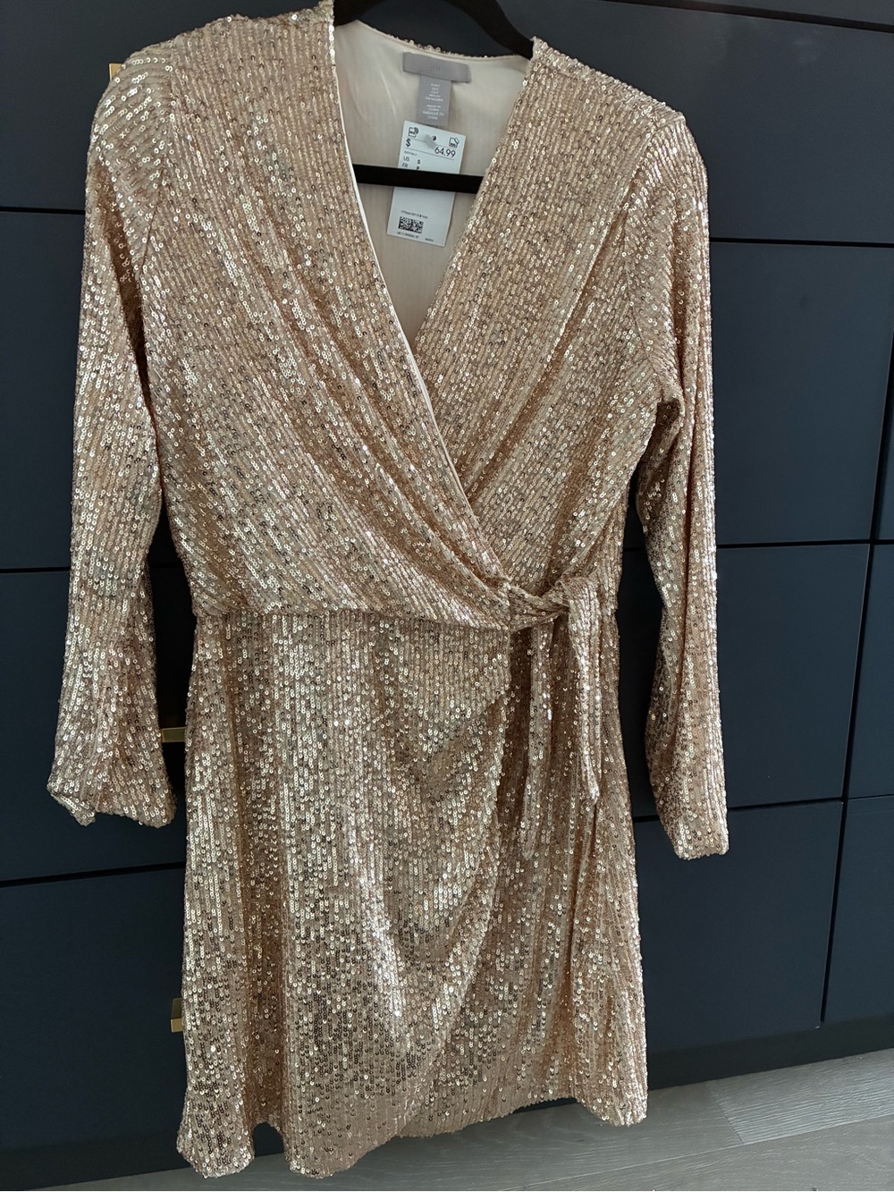 H&M Gold Sequin Wrap Dress with Tie Waist